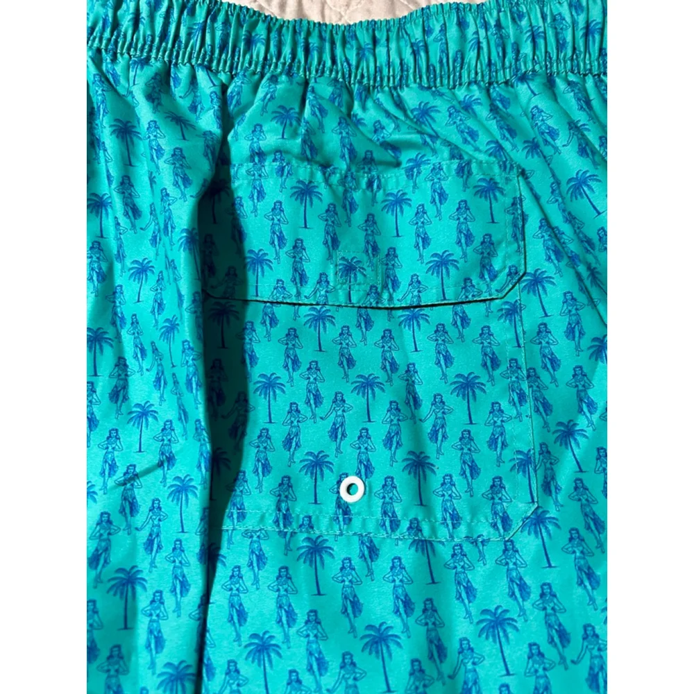 Men's St. John's Bay Swim Trunks 4XL Teal Blue Hula Palm Hawaiian Summer